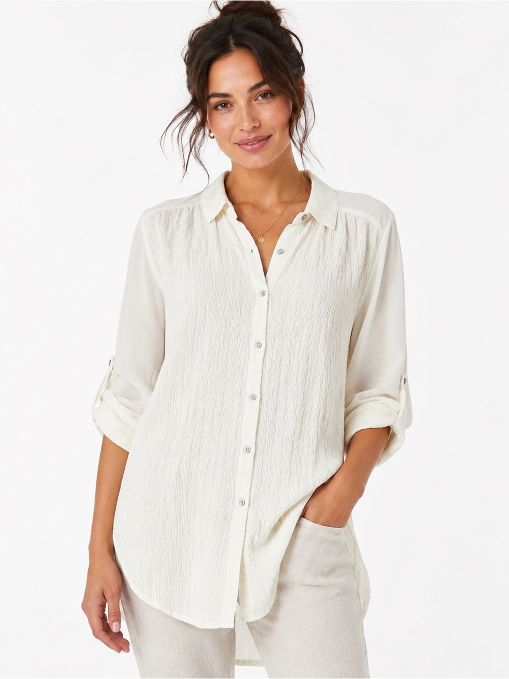 Anthropologie Cream Textured Tunic Button Down Blouse Medium Boho